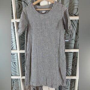Len Ok S Black White Linen Striped tunic short sleeve summer Dress with pockets